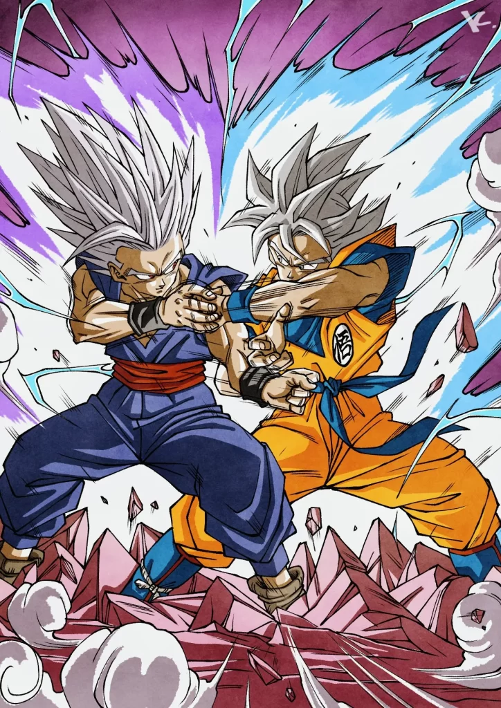 Dragon Ball Super: Ilustração colorida mostra batalha brutal entre Gohan Beast e Goku no Ultra Instinct 